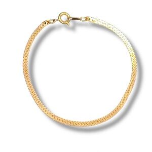 Vintage Made In Korea Yellow Gold Herringbone Bracelet Spring Ring Closure 7”